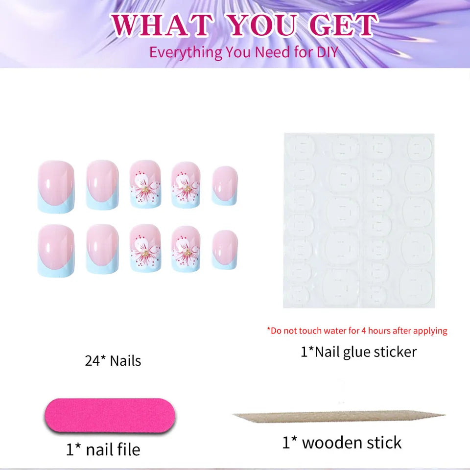 24pcs Short Blue False Nail 3D Stereo Flower Simple Press Nail for Women and Girls Glimmer Acrylic Nail Manicure Finished