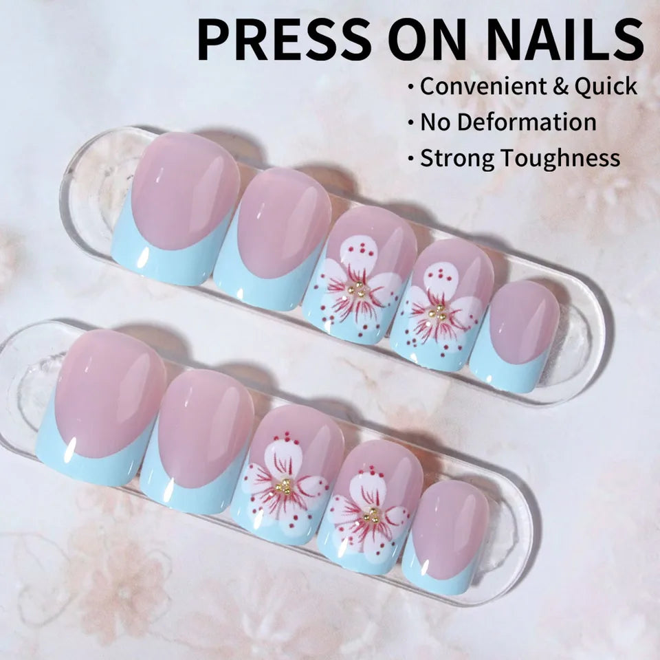 24pcs Short Blue False Nail 3D Stereo Flower Simple Press Nail for Women and Girls Glimmer Acrylic Nail Manicure Finished