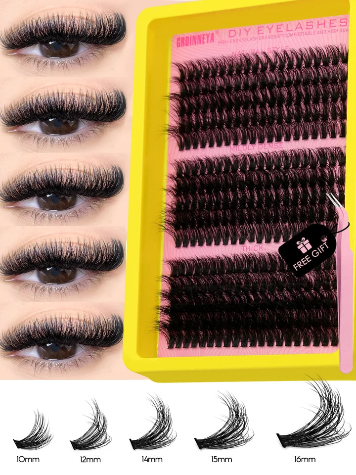 GROINNEYA Cluster Lashes Kit Fluffy Individual Lashes Volume Mixed Tray Faux Mink Lashes Eyelash Extension Makeup