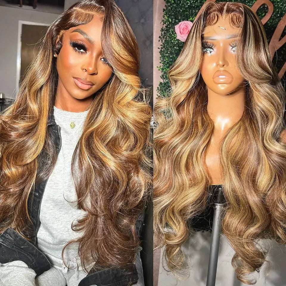 13x6 Highlight Lace Frontal Wig Human Hair Body Wave Ombre Colored Honey Blonde Lace Front Human Hair Wigs For Women Pre Plucked