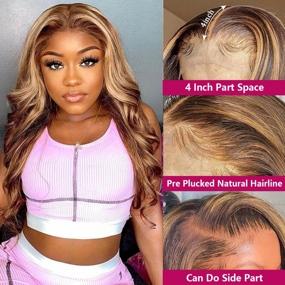 13x6 Highlight Lace Frontal Wig Human Hair Body Wave Ombre Colored Honey Blonde Lace Front Human Hair Wigs For Women Pre Plucked