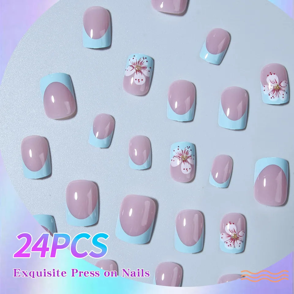 24pcs Short Blue False Nail 3D Stereo Flower Simple Press Nail for Women and Girls Glimmer Acrylic Nail Manicure Finished