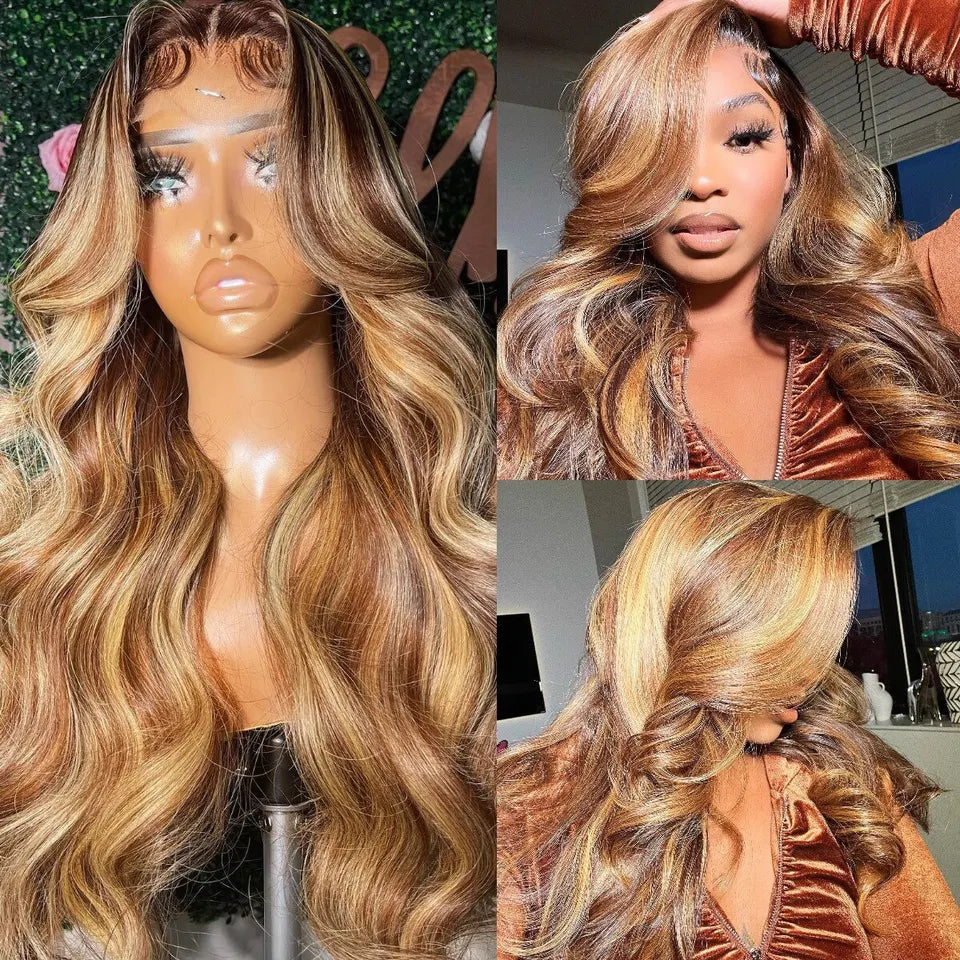 13x6 Highlight Lace Frontal Wig Human Hair Body Wave Ombre Colored Honey Blonde Lace Front Human Hair Wigs For Women Pre Plucked